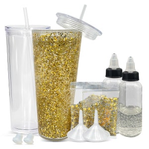 Snow Globe Tumbler Kit 2 pack: includes 24oz Tumbler w/predrilled hole, Stopper, Lid, Straw, Funnel, Glitter, 2oz container w/ 1oz of liquid