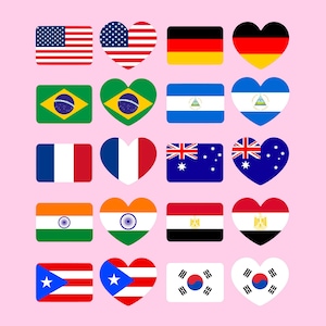 May include: A selection of national flags, some in rectangular and others in heart shapes, against a pink background. Flags include those of the USA, Germany, Brazil, France, Australia, India, Egypt, Puerto Rico, South Korea, and Nicaragua.
