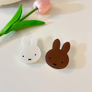 Puede incluir: Dos pinzas para el pelo con forma de conejito, una blanca y otra marrón. Cada pinza tiene ojos negros y una 'X' negra como boca. Una tulipa rosa y hojas verdes en el fondo.