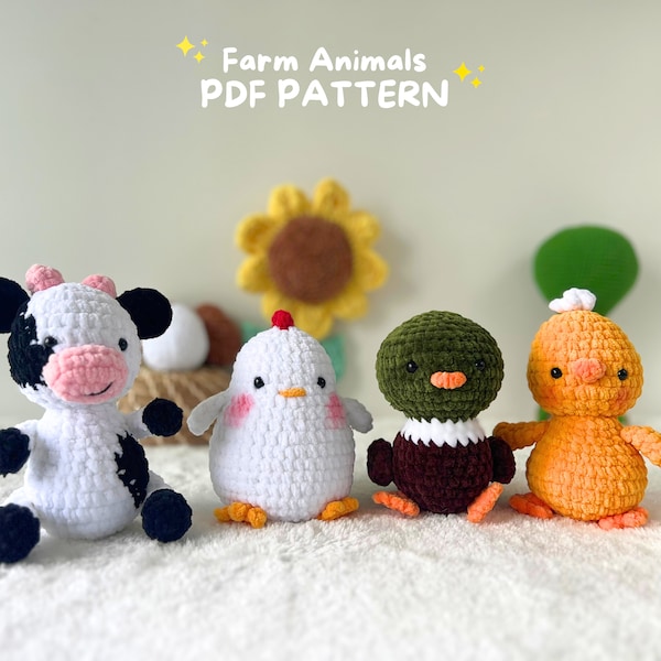 Farm animals crochet pattern, No sew crochet pattern, amigurumi pattern, Plush pattern, Cow, Chicken, Duck, Chick