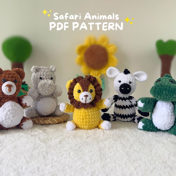 Safari animals crochet pattern, No sew crochet pattern, amigurumi pattern, Plush pattern, Lion, Hippo, Zebra, Bear, Crocodile