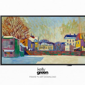 May include: A colorful painting of a snowy winter scene with houses and trees. The sky is a light blue with white clouds. The houses are painted in shades of yellow, pink, and green. The trees are bare and brown. The snow is white and covers the ground. The painting is framed in black.