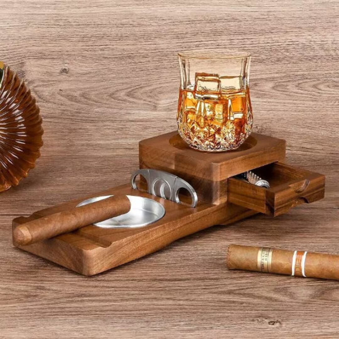 Luxury Wooden Cigar Gift Set, Includes Whiskey Coaster, Cigar Ashtray