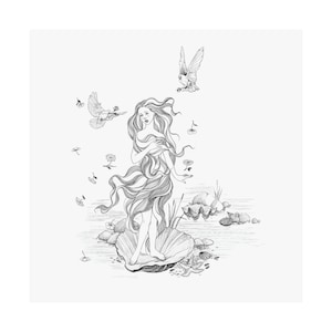 Arte mural original · Impresión de arte femenino · Inspiración Botticelli · Ilustración dibujada a mano · Arte interpretativo del nacimiento de Venus · Póster vertical