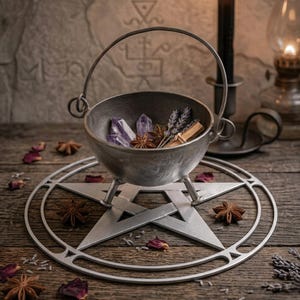 Op de afbeelding: Een kleine zilveren ketel met een handvat, gevuld met amethistkristallen, steranijs en lavendel. De ketel staat op een zilveren onderzetter in de vorm van een pentagram. De achtergrond omvat een kaars en een vintage olielamp.