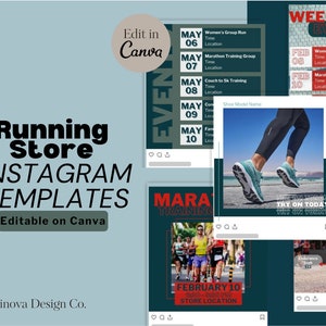 May include: Four Instagram post templates for a running store. The templates feature a green and black colour scheme with white text. The text includes "Weekly Events", "Marathon Training", "Try on Today", and "Endurance £32".