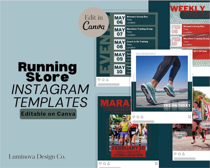 K&ouml;nnte beinhalten: Vier Instagram-Post-Vorlagen f&uuml;r ein Laufgesch&auml;ft. Die Vorlagen haben ein gr&uuml;n-schwarzes Farbschema mit wei&szlig;em Text. Der Text enth&auml;lt "W&ouml;chentliche Events", "Marathon-Training", "Heute anprobieren" und "Ausdauer 32 &euro;".