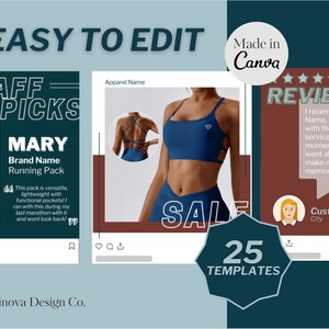 K&ouml;nnte beinhalten: Eine Collage aus drei Instagram-Post-Vorlagen f&uuml;r eine Sportbekleidungsmarke. Der erste Beitrag zeigt eine Frau, die mit einem blauen Laufrucksack l&auml;uft, und den Text "STAFF PICKS MARY Brand Name Running Pack". Der zweite Beitrag zeigt eine Frau, die einen blauen Sport-BH tr&auml;gt, und den Text "Apparel Name". Der dritte Beitrag zeigt eine Frau, die einen blauen Sport-BH tr&auml;gt, und den Text "SALE". Der Text "25 TEMPLATES" befindet sich in einem Kreis am unteren Rand der Collage.