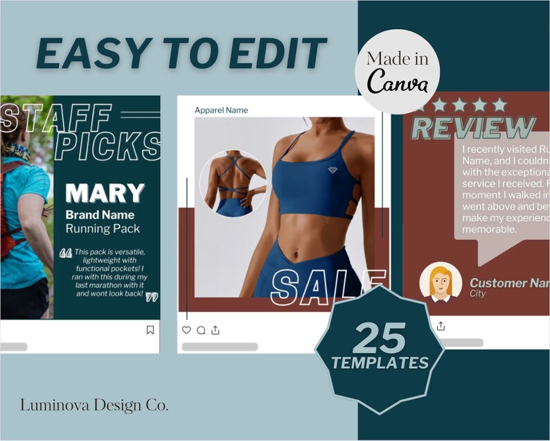 K&ouml;nnte beinhalten: Eine Collage aus drei Instagram-Post-Vorlagen f&uuml;r eine Sportbekleidungsmarke. Der erste Beitrag zeigt eine Frau, die mit einem blauen Laufrucksack l&auml;uft, und den Text "STAFF PICKS MARY Brand Name Running Pack". Der zweite Beitrag zeigt eine Frau, die einen blauen Sport-BH tr&auml;gt, und den Text "Apparel Name". Der dritte Beitrag zeigt eine Frau, die einen blauen Sport-BH tr&auml;gt, und den Text "SALE". Der Text "25 TEMPLATES" befindet sich in einem Kreis am unteren Rand der Collage.