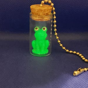 May include: A small glass bottle with a cork top and a metal chain. Inside the bottle is a green frog figurine.