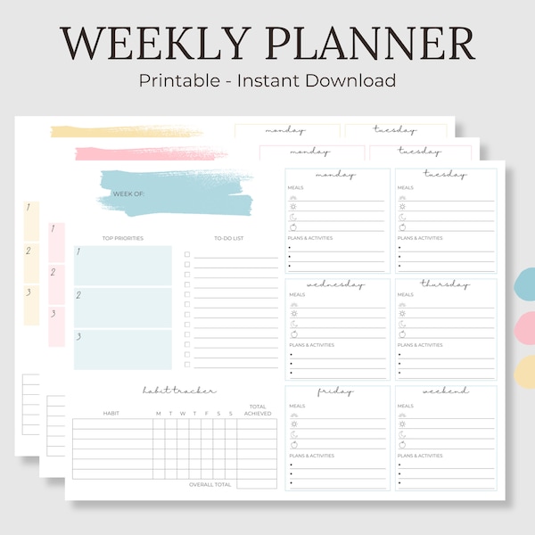 Weekly Planner Digital, Printable Planner, One Page Planner Template, Weekly To Do List, Meal Planner, and Habit Tracker
