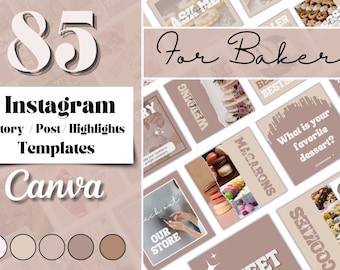 Bakery Instagram Templates Beige: Post,  Story, Covers, Pastry Theme | Editable Designs