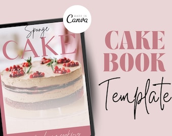 May include: A digital tablet displaying a cake recipe book template with the text "Sponge Cake" and a photo of a layered cake with red berries on top. The text "Cake Book Template" is displayed on a pink background.