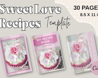 May include: A template for a recipe book with a pink cover featuring a cupcake design with a pink rose and white flowers. The text reads "Sweet Love Recipes Template" and "My Recipe Book". The book is 8.5 x 11 inches and has 30 pages.