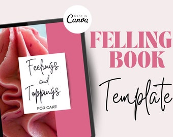 May include: A pink tablet screen displaying a digital template for a "Feelings and Toppings for Cake" book. The text "Feelings and Toppings for Cake" is written in black cursive font on a white background. The text "FELLINGS BOOK Template" is written in black cursive font on a white background.