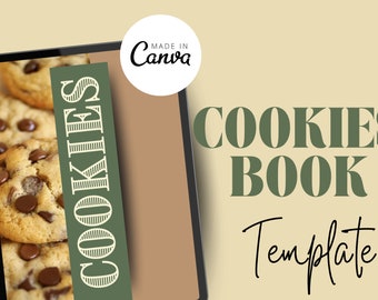 May include: A digital tablet displaying a brown and green template for a cookie recipe book. The template features the text "COOKIES BOOK" and "Template" in a green font. The tablet is on a light beige background. The text "Made in Canva" is in a white circle with a black outline.
