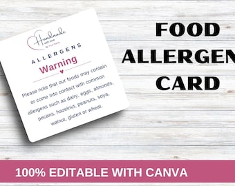 Editable Allergen Cards, Food Allergies Cards, Free Canva Template, Food Allergy Notice, Allergen Cards for Desserts.