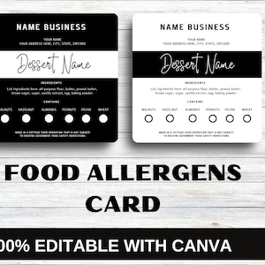 Editable Allergen Card | Food Allergies Cards | Food allergy notice | Allergen Cards for| Allergen card for desserts  | Black and White Card