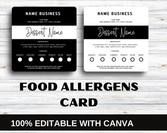 Editable Allergen Card | Food Allergies Cards | Food allergy notice | Allergen Cards for| Allergen card for desserts  | Black and White Card
