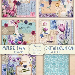 Colagem de primavera Flores prensadas Renda Shabby Vintage Diário Scrapbook Ephemera Download digital -6