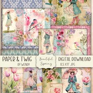 Colagem de chuvas de primavera Flores Shabby Vintage Diário Scrapbook Ephemera Download digital -8
