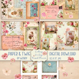 Colagem para impressão Flores prensadas de primavera Envelopes de papel vintage surrado Diário Scrapbook Ephemera Download digital -5