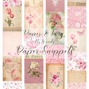 Peut inclure: Une feuille de collage numérique avec un schéma de couleurs rose et blanc présentant divers motifs floraux, notamment des roses, des tulipes et des hortensias. La feuille comprend également le texte "Paper & Twig By Wendy Paper Snippets De Paris."