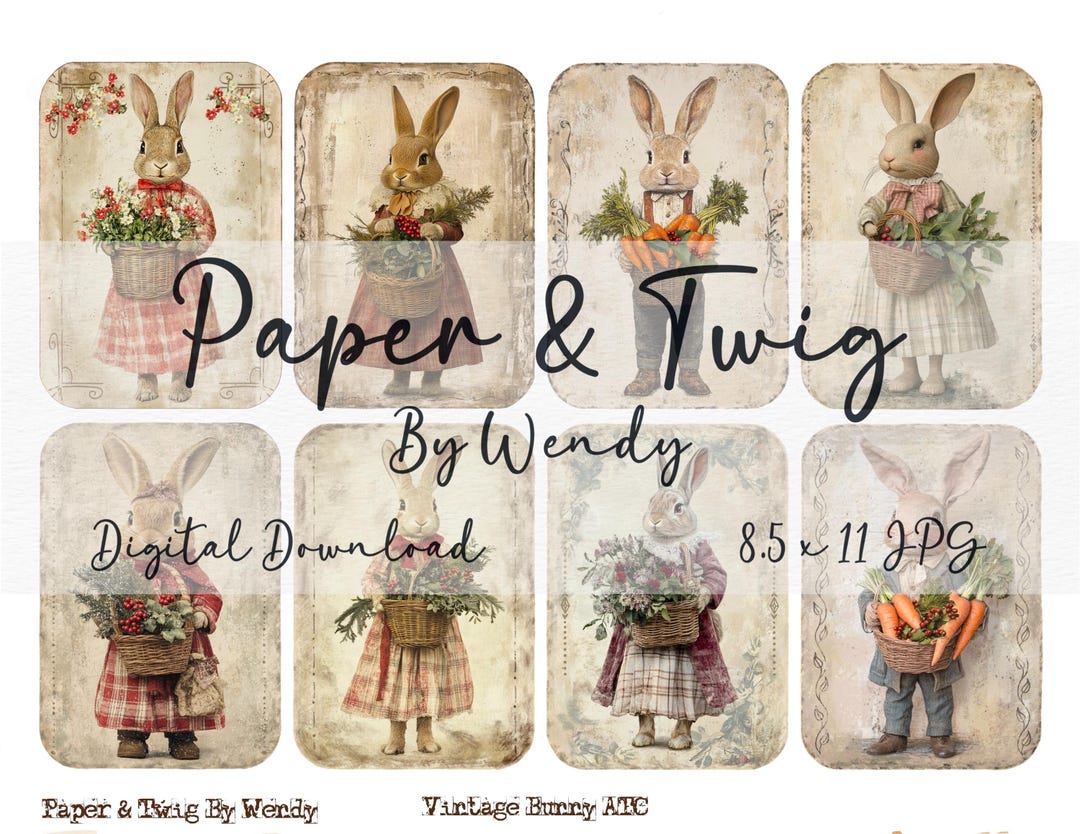 Vintage Primitve Country Rustic Rabbits ATC Junk Journal Scrapbook ...