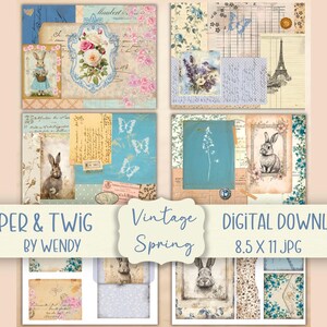 Afdrukbare collage konijntjes lente bloemen enveloppen dagboek plakboek kortstondige digitale download -6