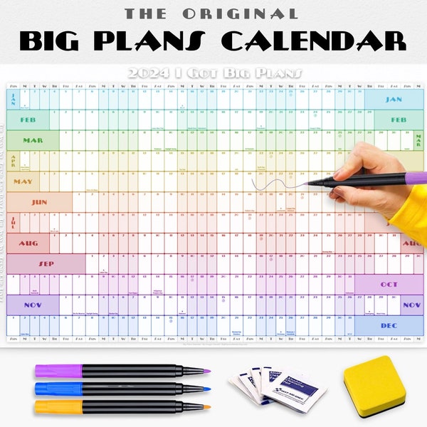 2024 Big Plans Calendar - Giant Wall Planner w/ Dry Erase Markers - See the Year at a Glance - Big Annual Desk Calendar Laminated Poster