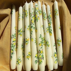Lot de 2 bougeoirs motif citron peints à la main : bougies coniques Unity de mariage faites main