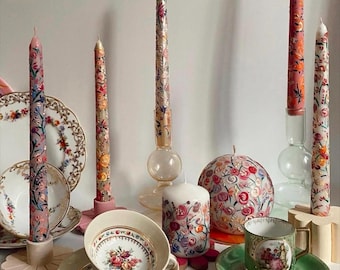 Set of 5 flowers pattern taper candle | vintages pattern table candle | Vintage gift candle | vintage home decor | Vintage candle decor