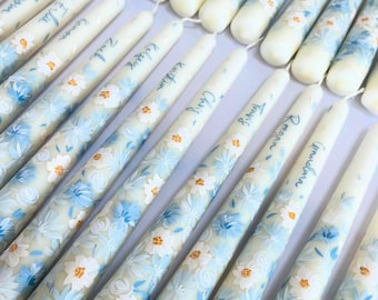 Set of 2 bridesmaids hand painted taper candle| spring taper candle| spring decorating blue candle| blue flower painted taper candle