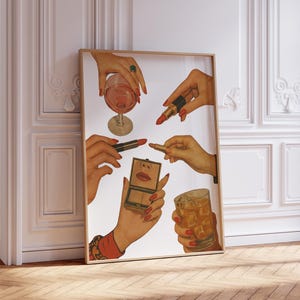Impresión estética de cóctel de lápiz labial retro, collage de chica de moda vintage, arte de pared, decoración femenina rosa de moda, póster de belleza/digital