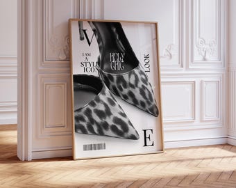 STYLE Fashion Magazine Poster, Leopard Heels Wall Art, Trendy Shoe Print, Coquette Bedroom Decor, Luxe B&W Girly Wall Art, GirlinPinkPrints