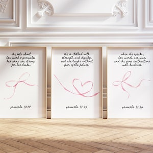 Christian Wall Art Set Christian Pink Wall Art Girly Bible Verses for Women Coquette Dorm Decor for Daughter Bathroom Affirmations Bow Print