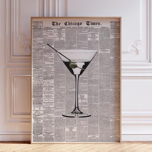 Trendy Martini Print Vintage Newspaper Print Retro Bar Cart Decor Aesthetic Apartment Wall Art Funky 70's Art Instant Digital Download