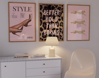 Pink Fashion Wall Art Set: Leopard Heels, Trendy Magazine (Digital Download)