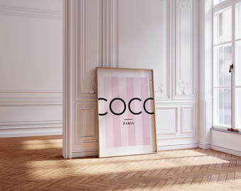 COCO Paris Pink Stripe Fashion Wall Art Poster, Dorm Office Teen Bedroom Decor, Gift for Her