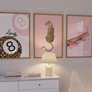 Set of 3 Leopard Coquette Pink Heels Vogue Poster Vintage Magazine Art Pink Bows 8 Ball Lucky Trendy Bedroom Girly Preppy Decor | Digital