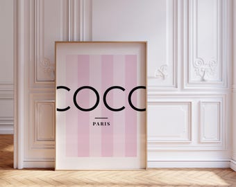COCO Paris Pink Stripe Fashion Wall Art Poster, Dorm Office Teen Bedroom Decor, Gift for Her