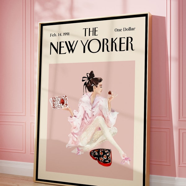 The New Yorker Magazine Cover Poster, Retro Print, Valentines Poster, Trendy Wall Art, Watercolor Wall Art, Coquette Room Decor, DIGITAL