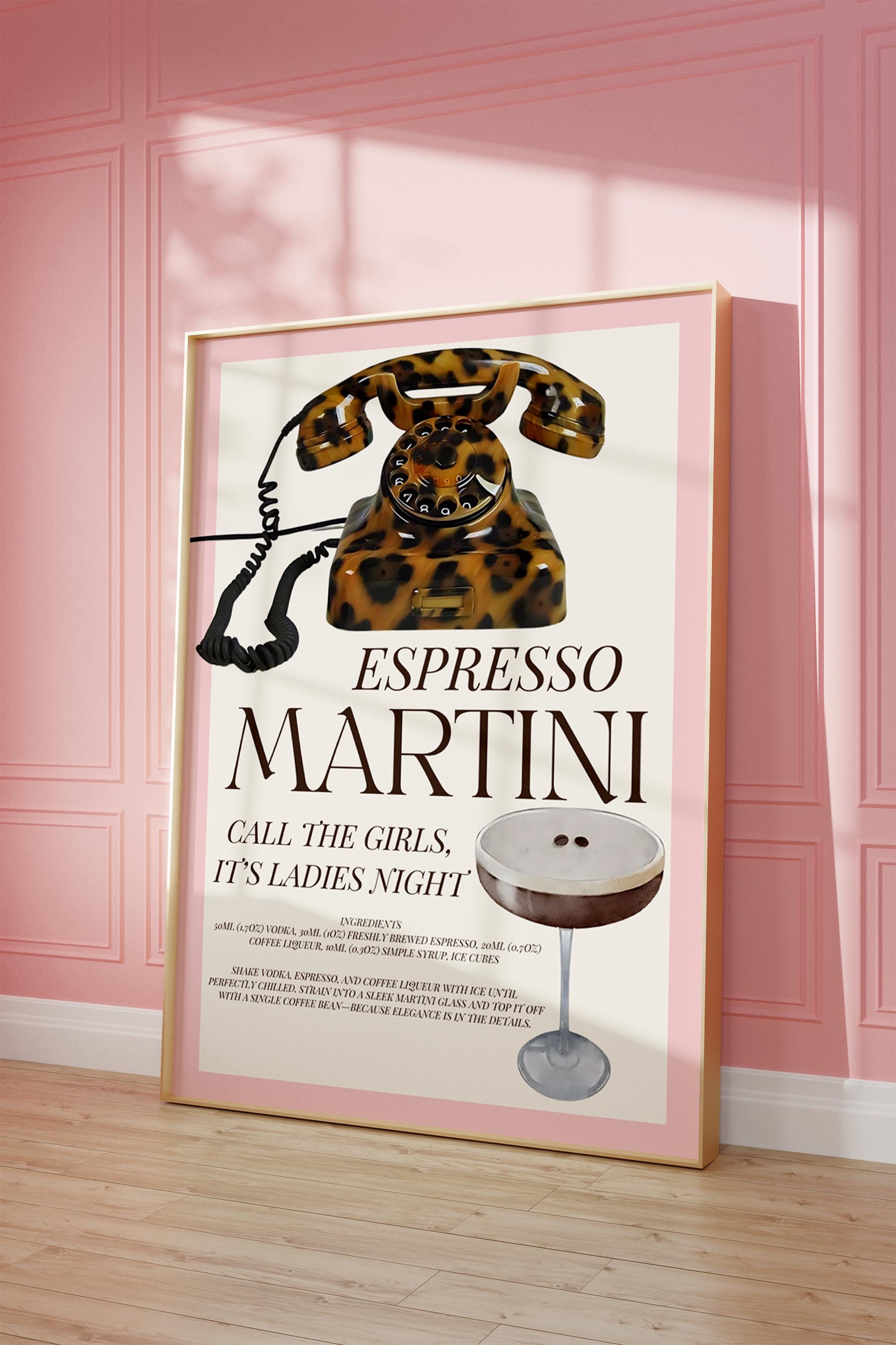 Espresso Martini Wall Art Girly Vintage Leopard Print Telephone