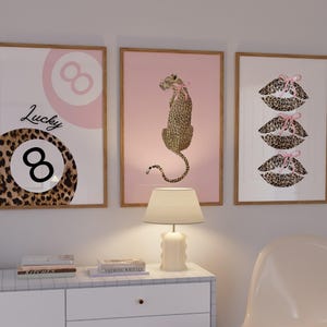 Pink Set of 3 Leopard Wall Art Coquette Cheetah Kiss Print 8 Ball Lucky Trendy Animal Print Poster Girly Preppy Decor | Digital Download