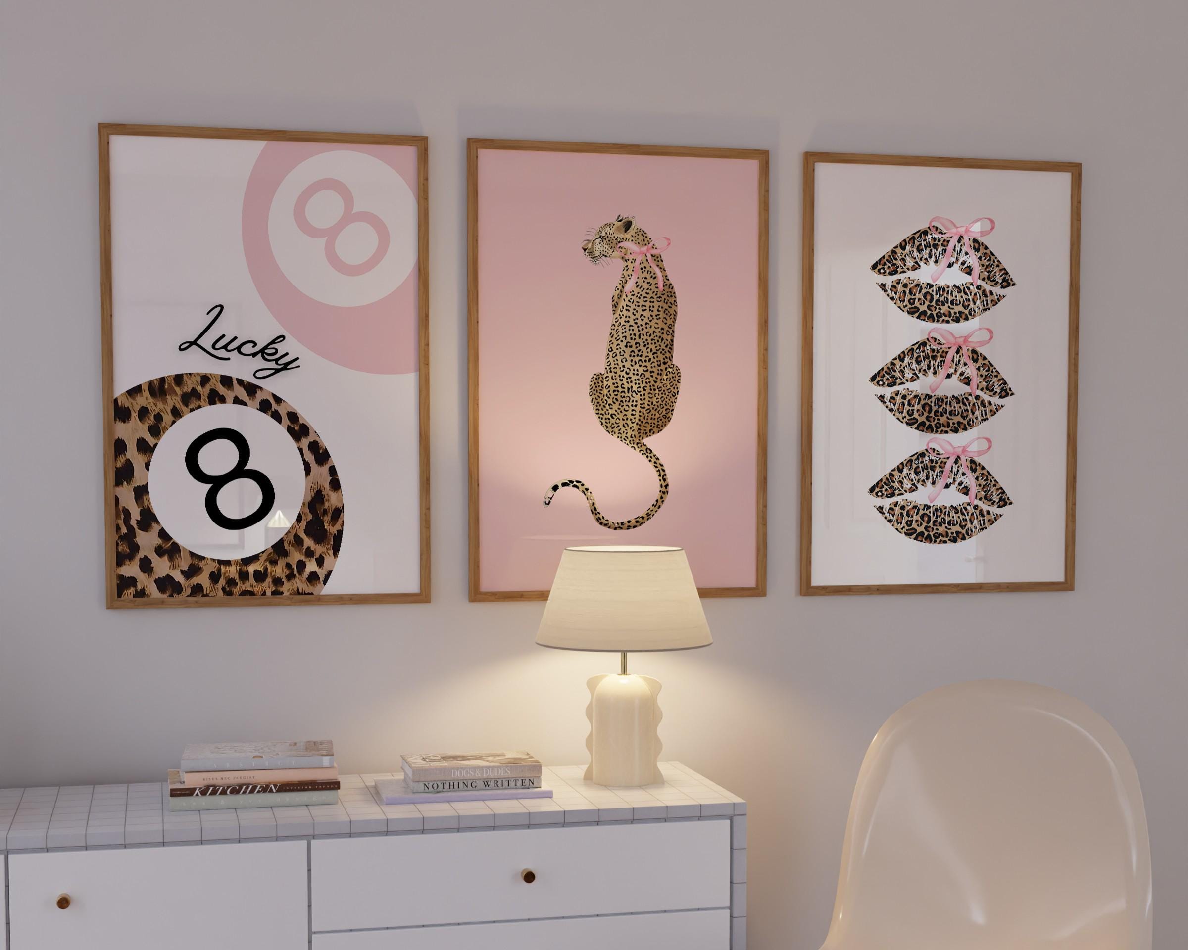 Pink Set of 3 Leopard Wall Art Coquette Cheetah Kiss Print 8 Ball Lucky Trendy Animal Print Poster Girly Preppy Decor | Digital Download