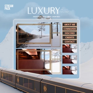 May include: A digital illustration of a luxury train car interior with a snowy landscape view outside the window. The image is part of a stream pack for online content creators, with buttons for "About Me", "Commands", "Discord", "Credits", and "Contact".