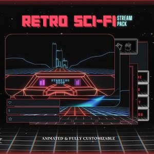 Könnte beinhalten: Ein animiertes Stream-Paket im Retro-Sci-Fi-Stil mit einem Stadtbild im Hintergrund, einem roten und blauen Raster und dem Text "STARTING SOON". Das Paket ist vollständig anpassbar und enthält Elemente wie ein Herz, ein Dollarzeichen, einen Stern und eine Chatbox.