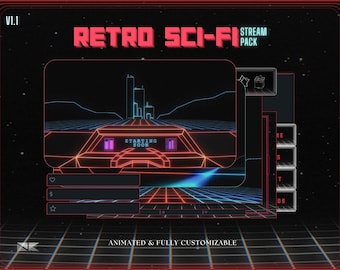 May include: A retro sci-fi themed animated stream pack with a cityscape background, a red and blue grid, and the text "STARTING SOON". The pack is fully customizable and includes elements like a heart, a dollar sign, a star, and a chat box.