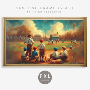 Puede incluir: Una pintura de estilo vintage de un partido de béisbol. Cinco niños están sentados en un banco de madera viendo el partido. Los niños llevan gorras de béisbol y uniformes. La pintura está ambientada en un campo de béisbol con una multitud de personas en el fondo.
