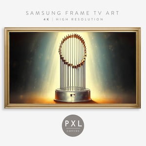 Puede incluir: Un trofeo dorado con una parte superior circular y una base. El trofeo está iluminado por un foco y tiene un logotipo de béisbol en la base. El fondo es azul oscuro con destellos dorados.